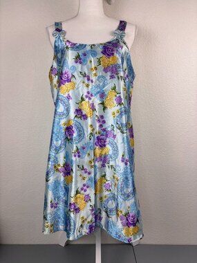 Santé Vintage women's large blue floral satin slip dress lingerie nightgown bows